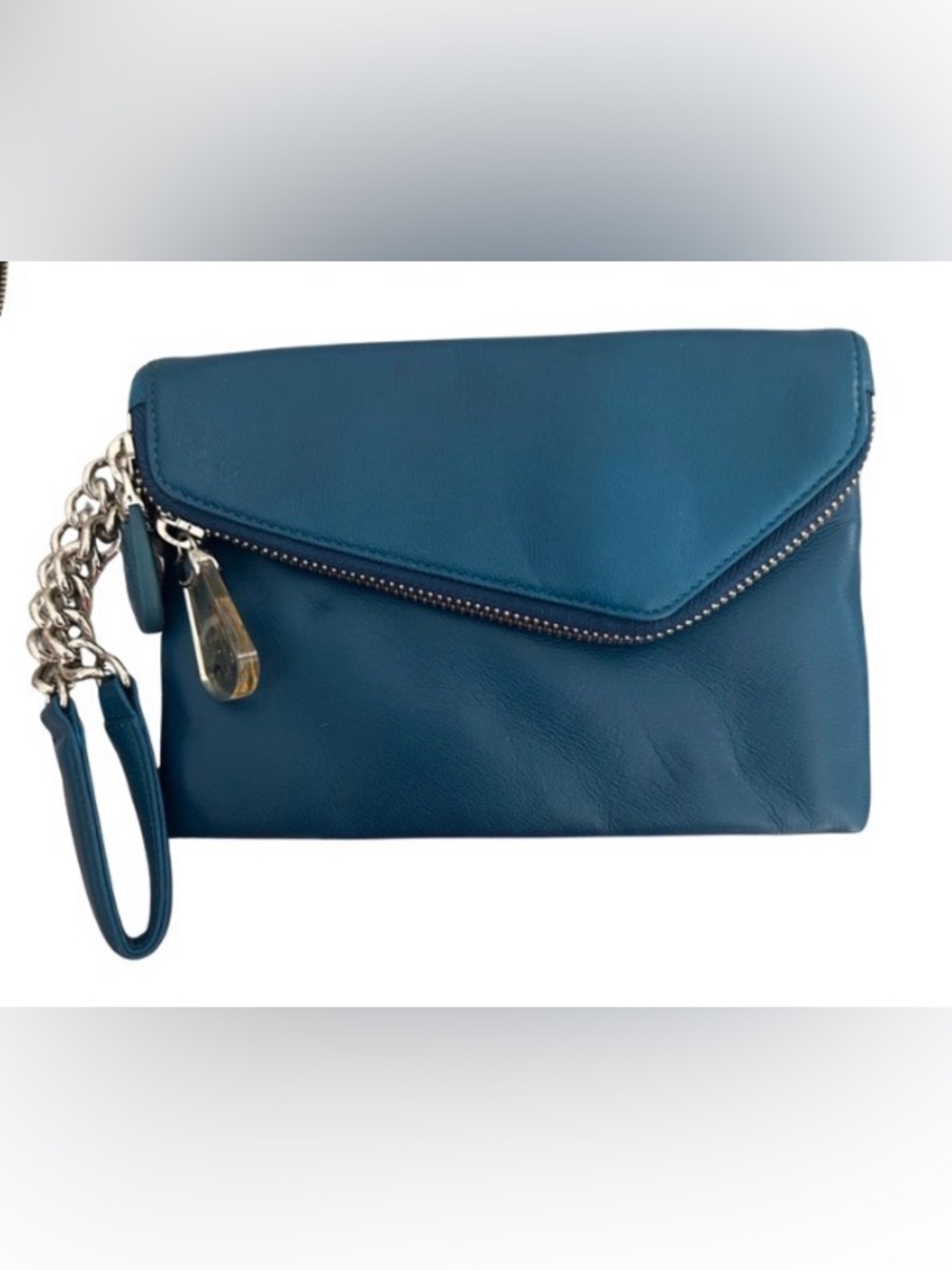 Henri Bendel teal “Rachel Blue" leather clutch convertible envelope-style bag